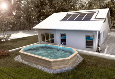 piscine semi-creusée avec capteurs sur un toit